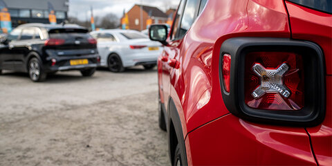 Rear view of red car in forecourt